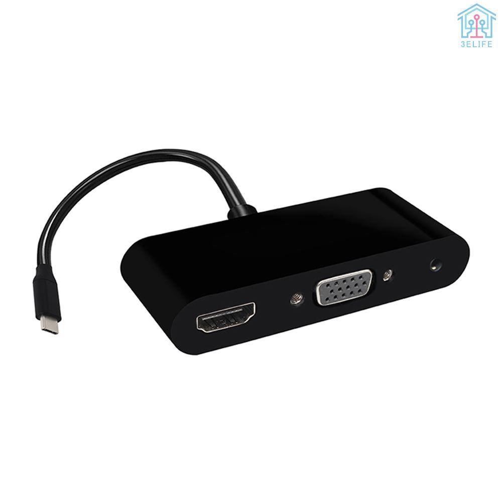 【E&V】USB-C Type-C to HD VGA 3.5mm Audio 3 in 1 Converter Adapter with USB 3.0 HUB