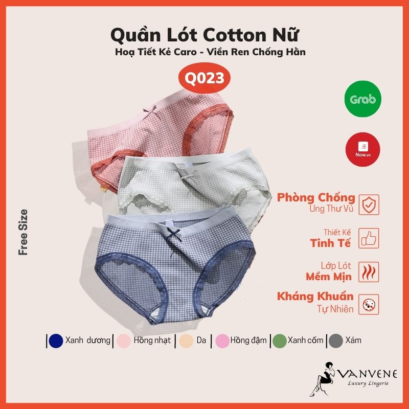 Quần lót cotton nữ cạp vừa Vanvene hoạ tiết kẻ caro viền ren chống hằn Q023