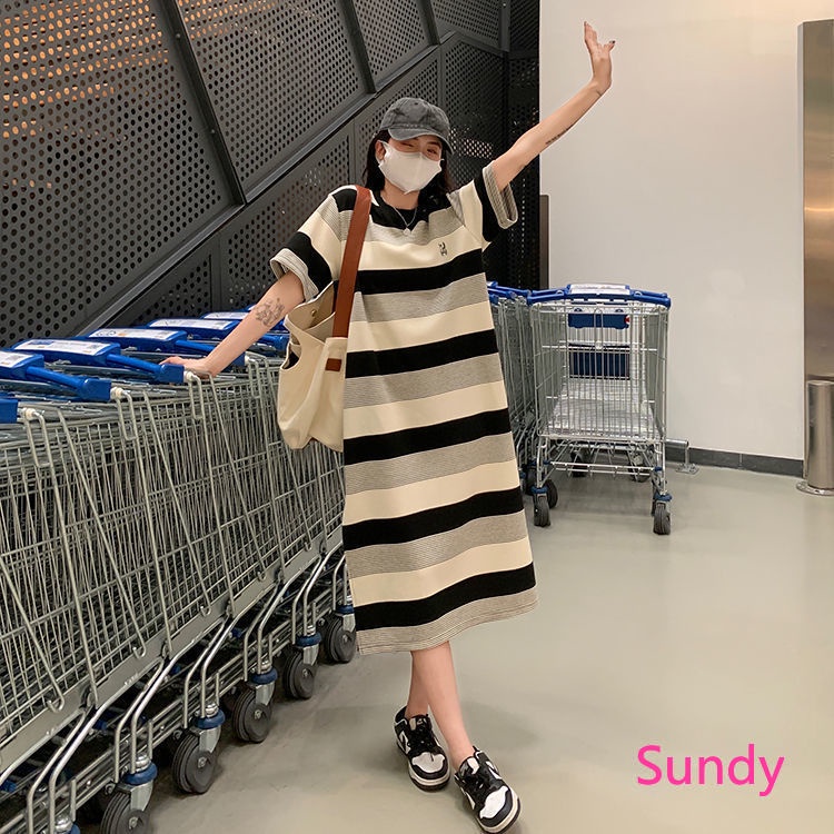 Đầm Tay Ngắn Họa Tiết Kẻ Sọc Phong Cách Hàn Quốc Thời Trang Mùa Thu Xinh Xắn Cho Nữ