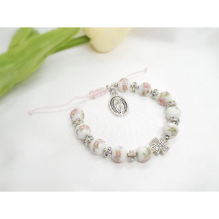 Vòng mân côi hạt gốm sứ đính mề đay Lady Guadalupe, phụ kiện quà tặng Công Giáo