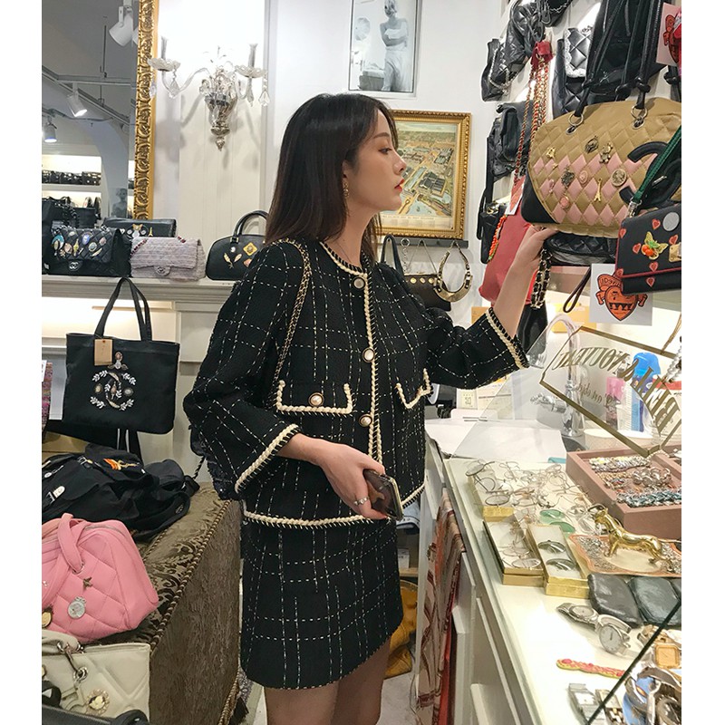 SET ÁO CHÂN VÁY DẠ TWEED VIỀN SỌC