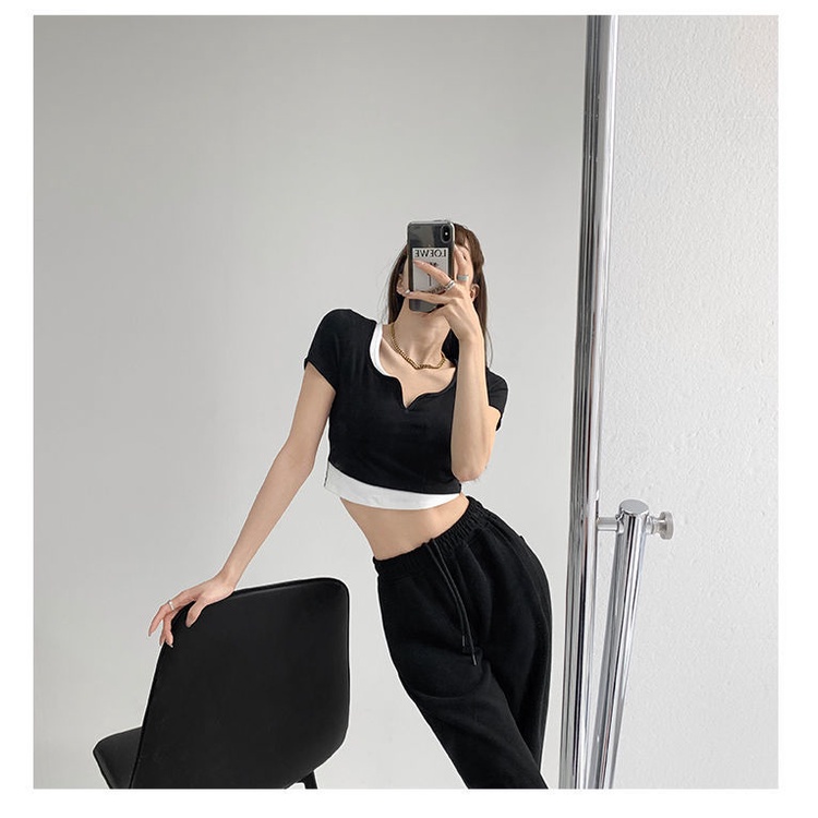 Áo Thun Ngắn Tay Giả Hai Lớp Phong Cách Đường Phố Cho Nữ