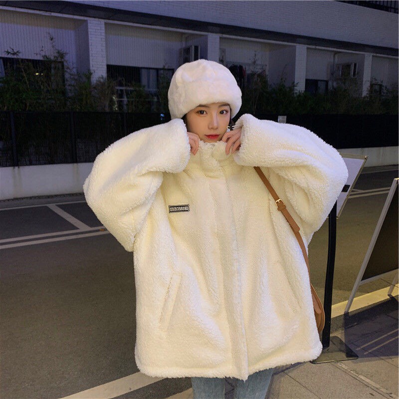 Áo Khoác Lông Cừu PICHI Ulzzang Dạo Phố Phong Cách Cổ Cao- Áo Lông Kéo Khoá Thêu Logo Unisex Hàn Quốc