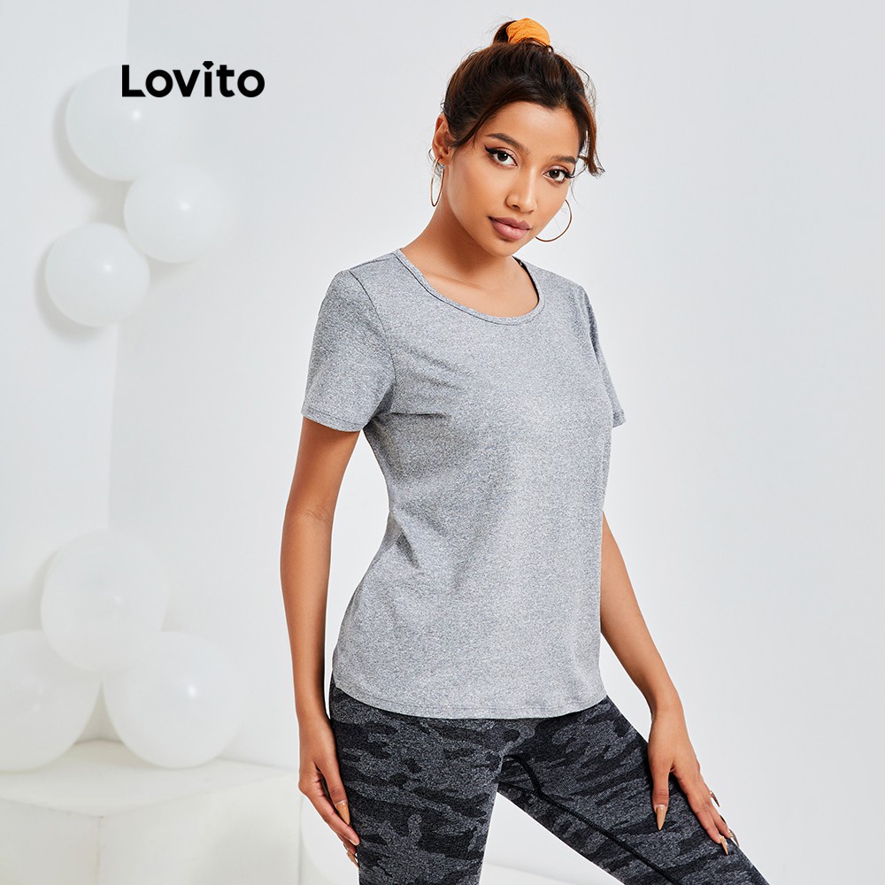 Áo thể thao Lovito ôm vừa vặn độ co giãn cao hở lưng dạng xoắn màu trơn L13X074 (Màu xám)