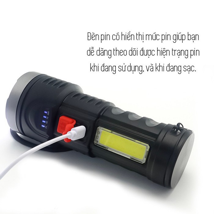 Đèn Pin Sạc LED COB Siêu Sáng 4 Chế Độ Sáng Model L822 Dung Lượng Pin 700mah Có Báo Mức Pin Vỏ Nhựa ABS
