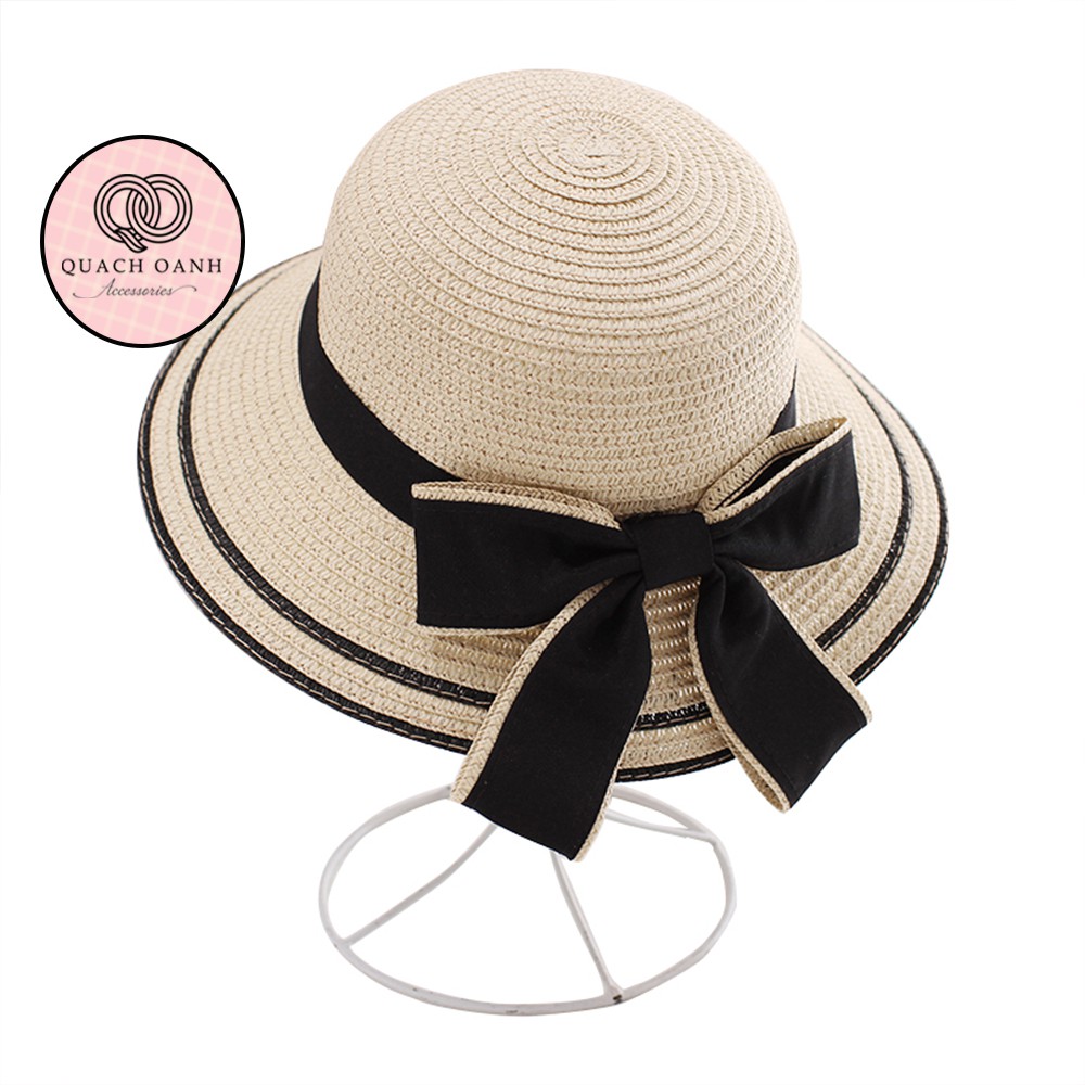 Mũ cói mềm, nón cói đi biển mẹ và bé vành rộng viền đen đai nơ phong cách vintage chống nắng – MU36