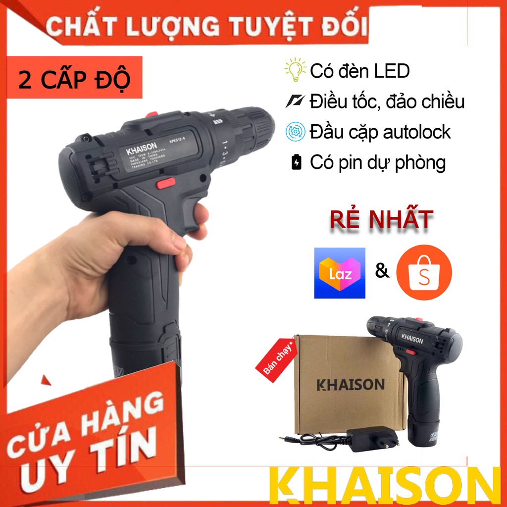 Khoan pin, máy bắt vít KHAISON 12v, 2 cấp độ màu đen,  giảm giá cực shock, tặng phụ kiện