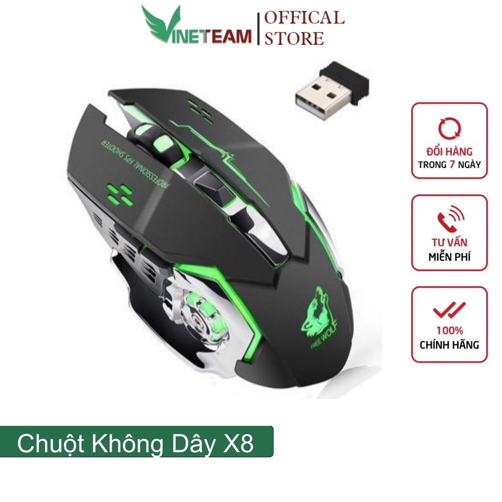 Chuột máy tính không dây Gaming Vinetteam X8 có đèn LED tự động đổi màu,có thể sạc lại, kết nối 2.4GHZ chuyên game