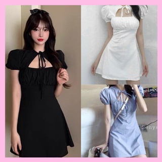 Váy Body Nhúm Ngực Nữ - Đầm Tay Bồng Cột Nơ Cổ Dáng Ôm - HANHAN SHOP