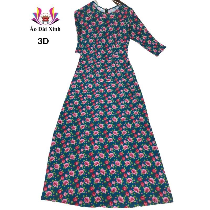 Áo dài truyền thống in 3D cổ tròn tay lỡ màu xanh hoa hồng