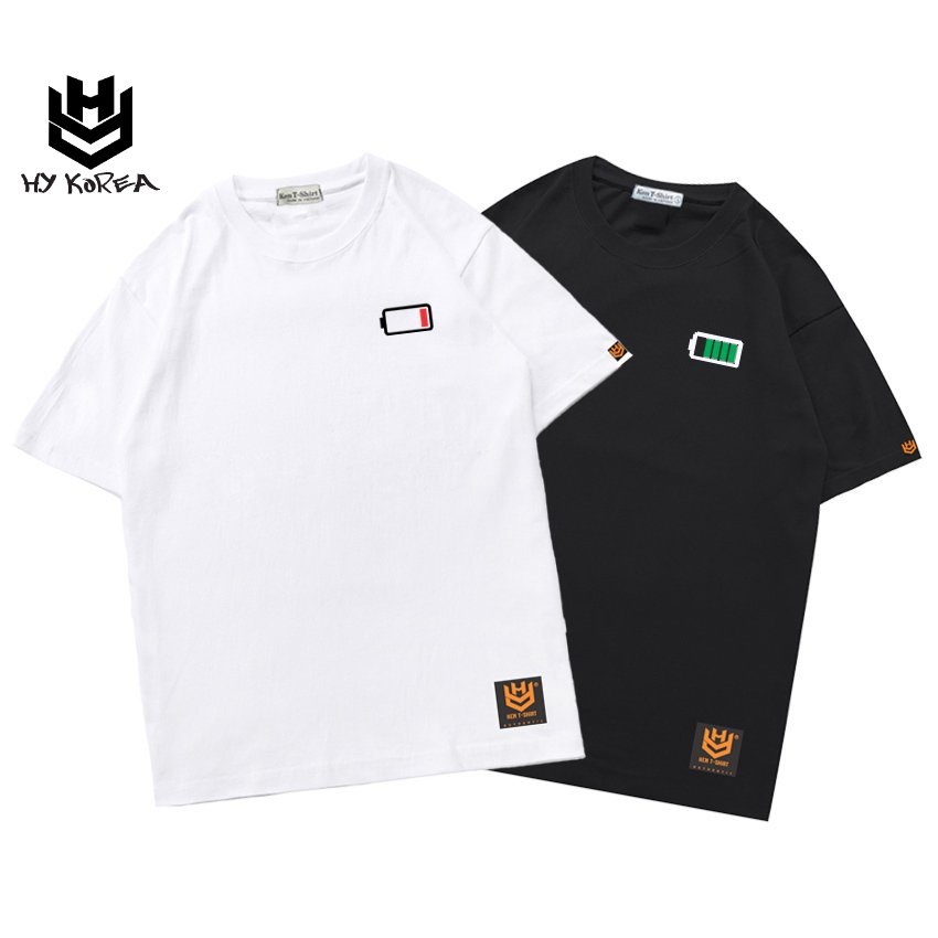 Áo thun tay ngắn unisex vải cotton 75% form rộng thêu Pin xanh đỏ 15,16 HY
