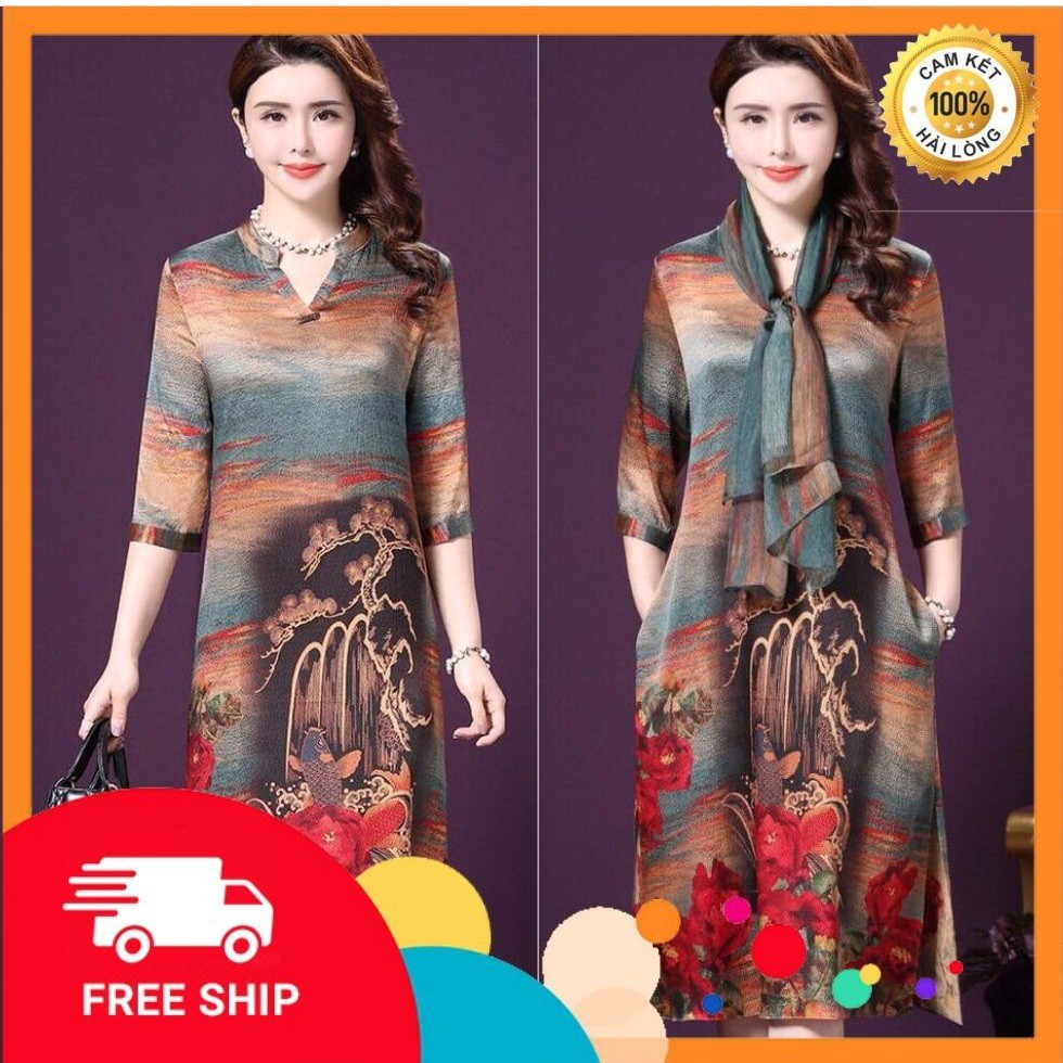Đầm dự tiệc trung niên - Đầm suông in hoạ tiết hoa và cá phối khăn choàng