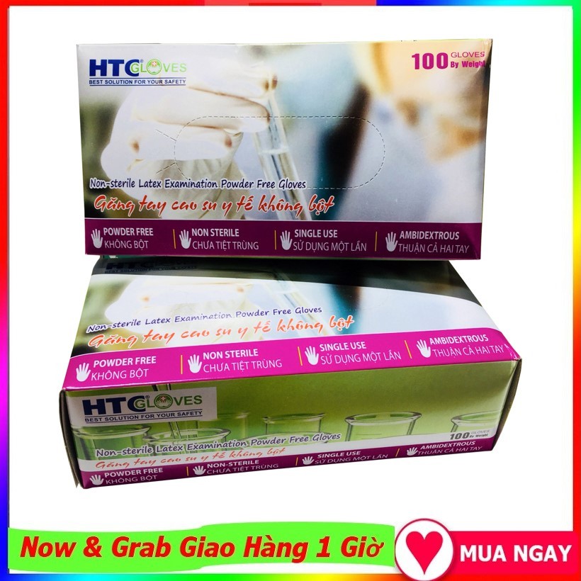 Găng tay y tế HTC không bột, cao su Latex thùng 10 hộp 100 cái/hộp.