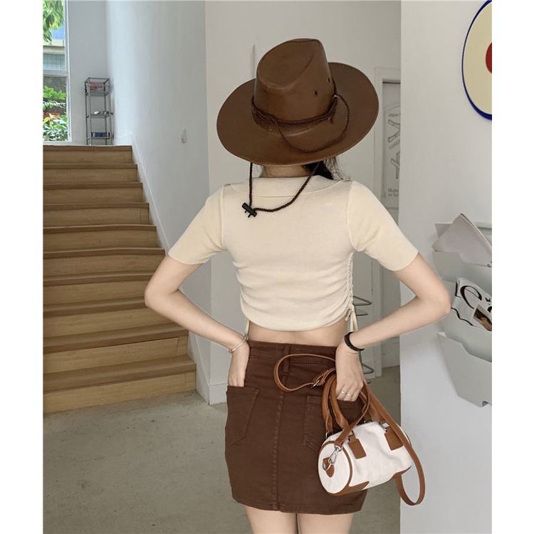 Áo Thun Tay Ngắn Dáng Ôm Rút Dây Thời Trang Cho Nữ