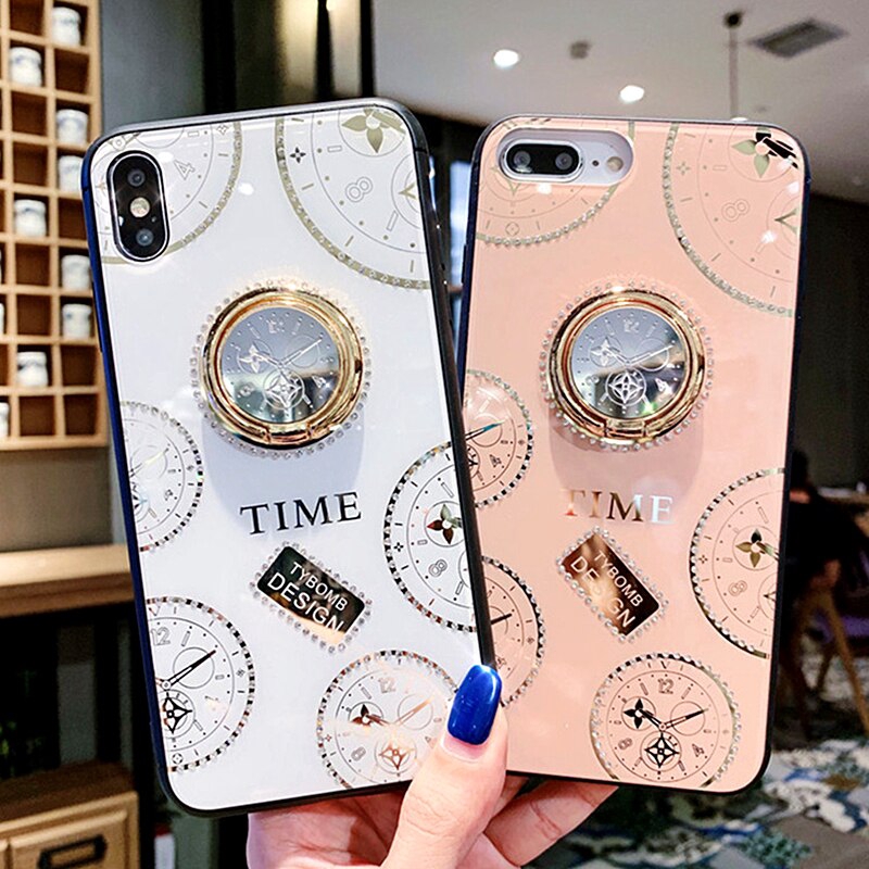 iPhone X Case XR XS MAX 6 6s 7 8 Plus Glitter Clock Pattern Phone Case with Ring Holder
