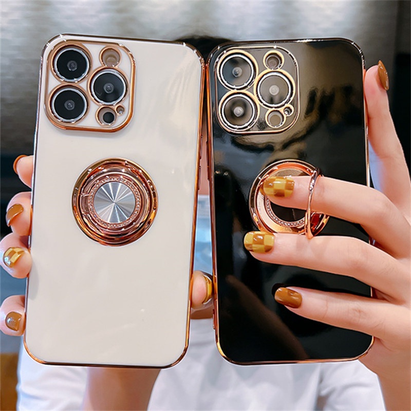 Ốp Điện Thoại Dẻo Mạ Kim Loại Đính Đá Sang Trọng Có Giá Đỡ Cho iPhone 13 11 12 Pro Max XR XS Max 7 8 Plus X 11