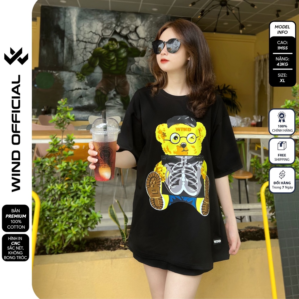 Áo thun tay lỡ form rộng WIND phông unisex 65% Cotton Gấu Vàng nam nữ oversize ulzzang