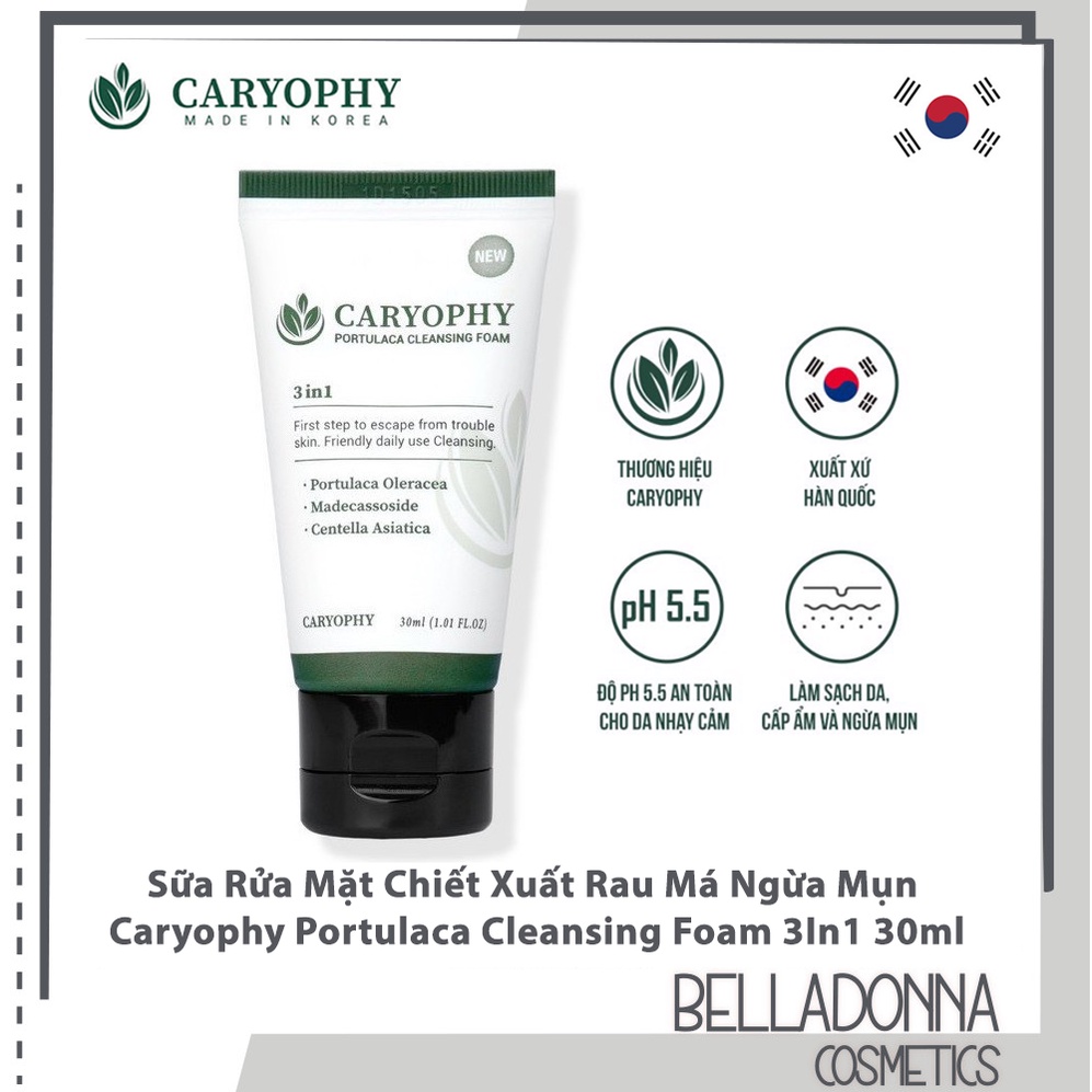 [CHÍNH HÃNG] Sữa Rửa Mặt Chiết Xuất Rau Má Ngừa Mụn Caryophy Portulaca Cleansing Foam 3In1 30ml