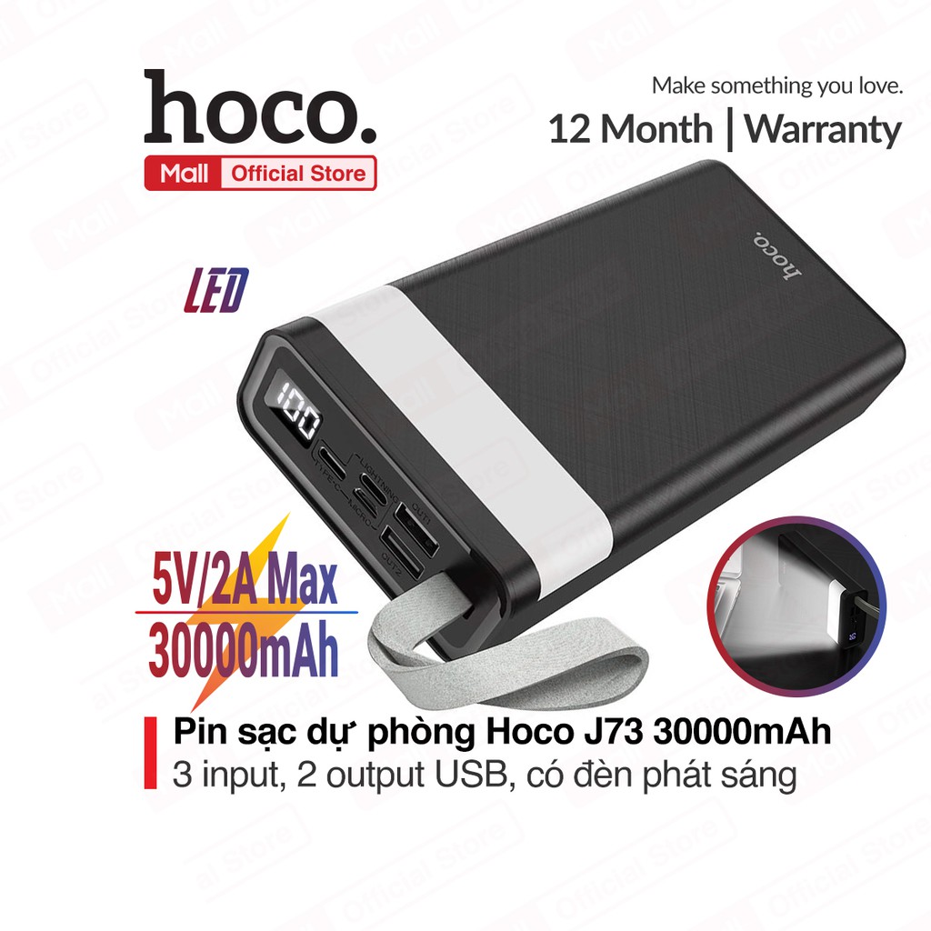 Pin dự phòng Hoco J.73 dung lượng 30000mAh, 2 cổng USB-A output ( 5V/2A Max ), 3 cổng input, tích hợp đèn chiếu sáng