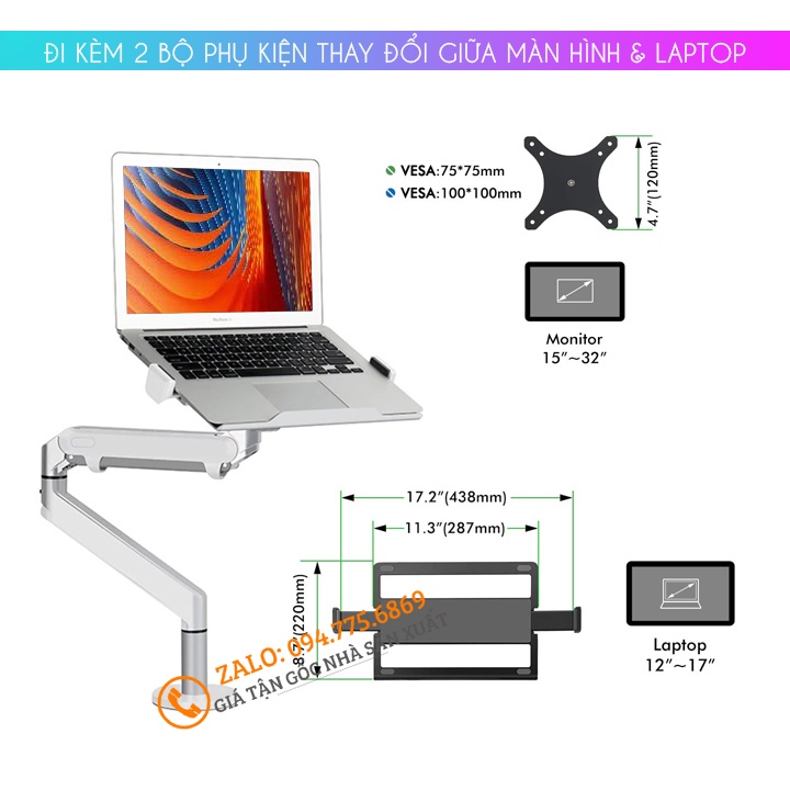 Tay Giá Treo Đỡ Laptop - Macbook - Ipad 12 - 17 Inch / Màn Hình Máy Tính 17 - 32 Inch / Hợp Kim Nhôm Cao Cấp OZ 1S