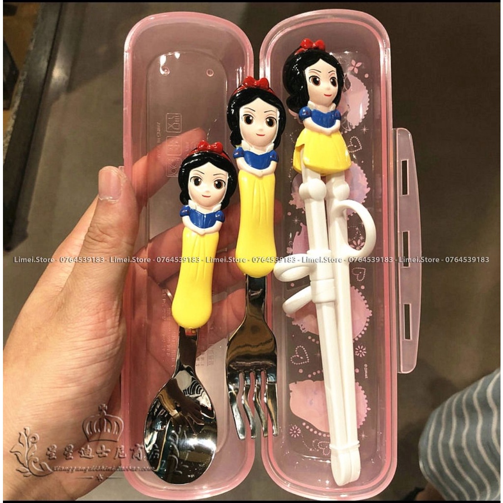 Set hộp đũa muỗng nĩa tập ăn nhựa 3D Frozen Car95 Mickey Sully Mike Princess Disney cho trẻ em bé trai gái