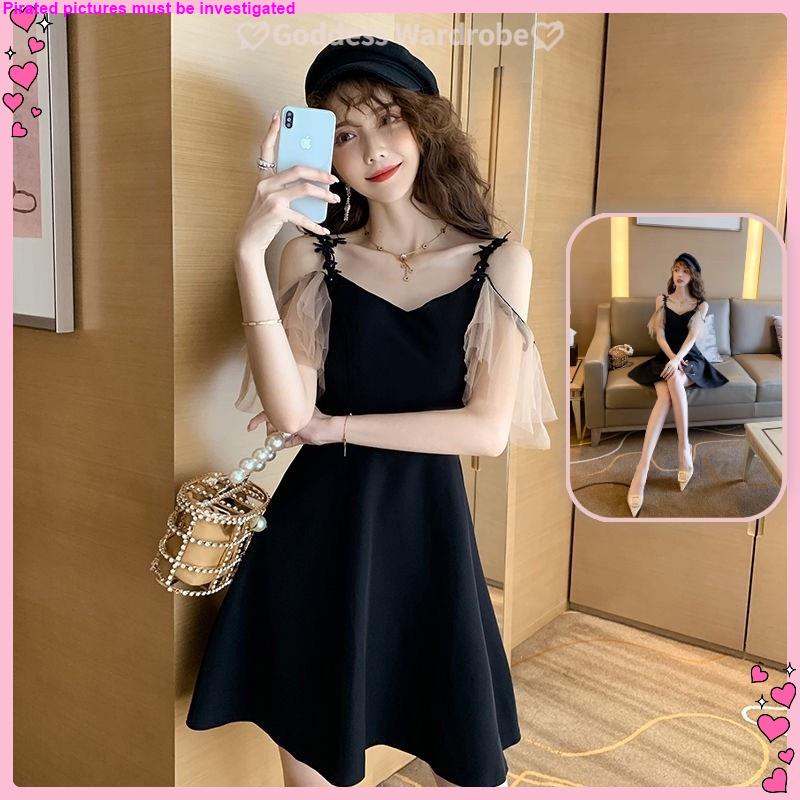 Đầm Hai Dây Trễ Vai Ôm Eo Màu Đen Quyến Rũ Cho Nữ