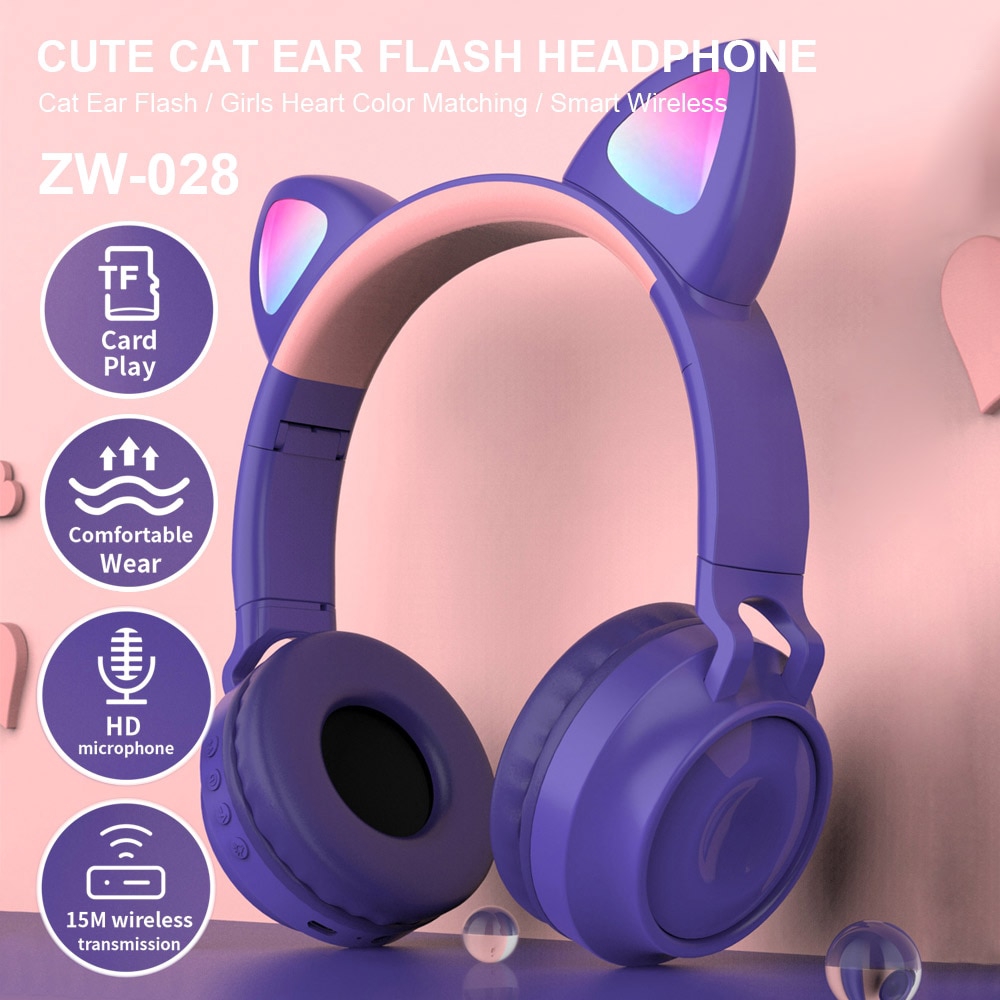 Tai nghe bluetooth không dây thiết kế tai mèo phát sáng kèm micrô hỗ trợ rảnh ray