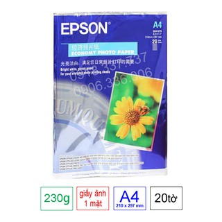 Giấy in ảnh Epson. 1 xấp 20 tờ. Định lượng 230. Khổ A4. Không lem màu và kháng nước tốt. Vi Tính Quốc Duy