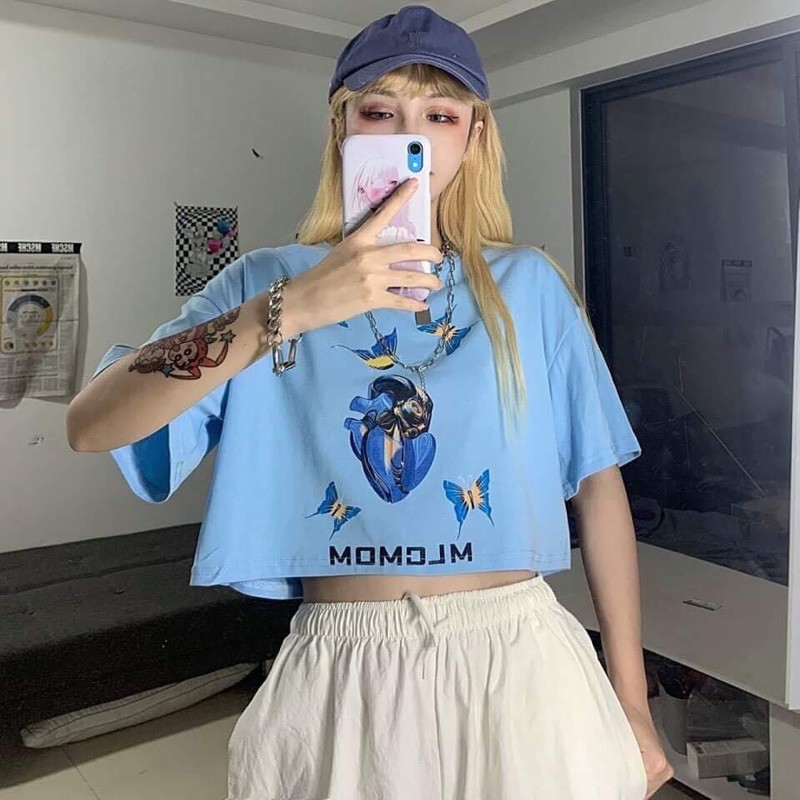 Áo croptop nữ in hình (tím/xanh)
