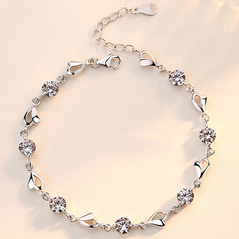 Crystal Blue Silver S925 Ladies Bracelet Simple Heart-shaped Heart-to-Heart Handheld