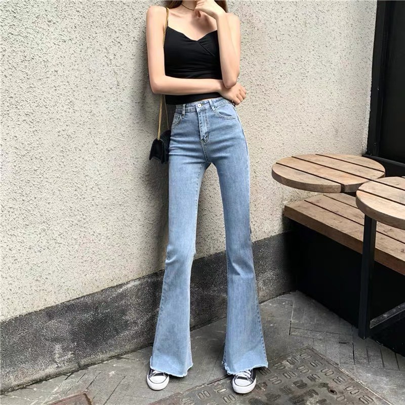 Quần jean nữ Choobe ống loe lưng cạp cao bò dáng skinny suông vải denim cao cấp co giãn màu xanh QJ05