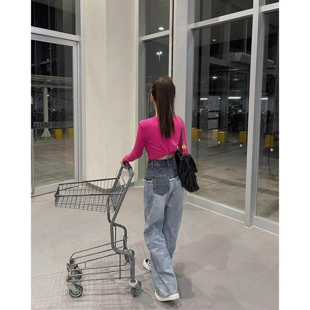 Quần Jean nữ ống rộng, lưng cao, phối thân cá tính, vải bò dày đẹp cạp cao kiểu dáng thời trang hàn quốc trẻ trung