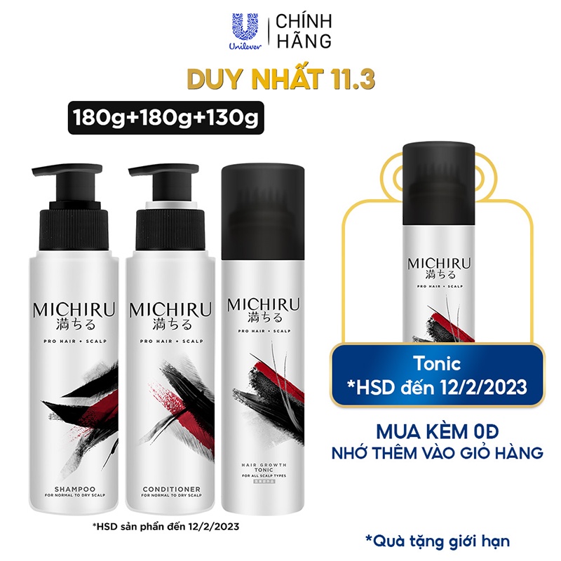 Bộ dầu gội + xả + tonic Michiru Nhật cao cấp ngăn ngừa rụng tóc cho da đầu khô (180gr x2, 130gr)