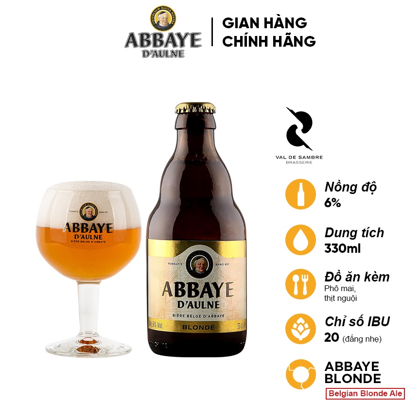 Bia Bỉ thượng hạng Blond Ale - Val de Sambre Abbaye Blonde (chai 330ml) - Nhập khẩu 100% châu Âu