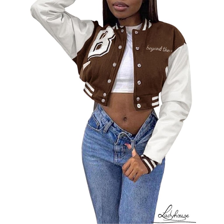 Áo khoác da lửng tay dài dáng rộng thêu chữ cá tính cho nữ