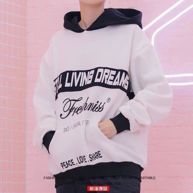 Áo hoodie phối nón living dream form rộng unisex