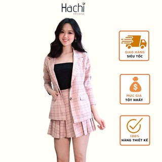 Áo Blazer Chân Váy Kẻ Xếp Ly Hai Lớp Hàng thiết kế Hachidesigns