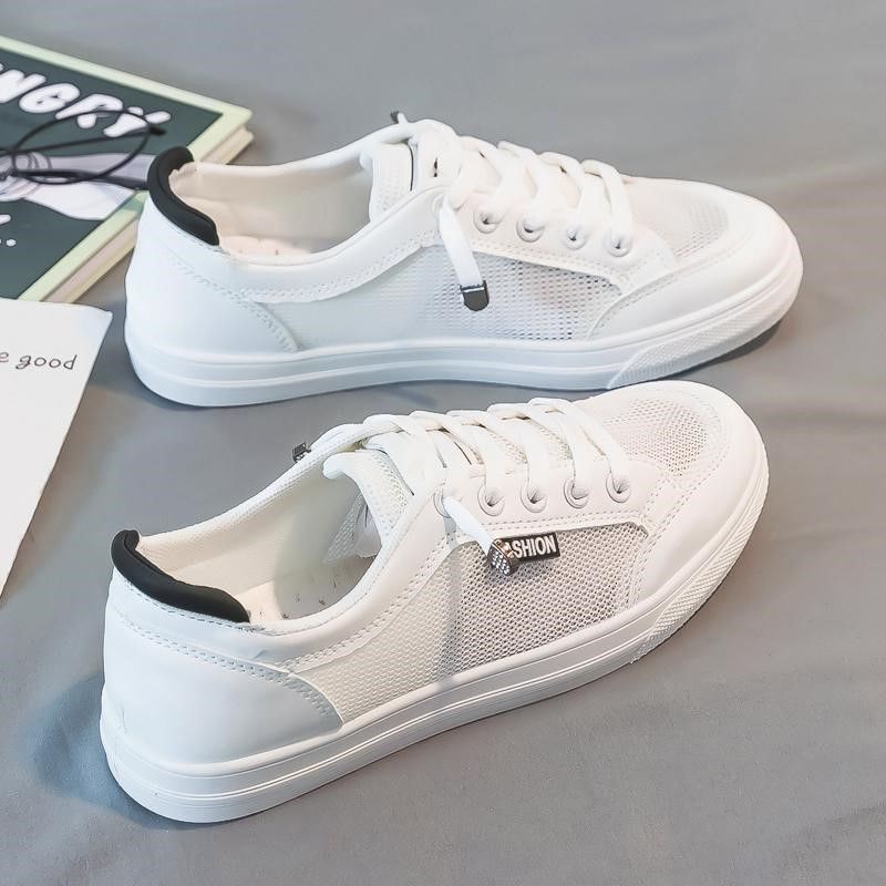 Giày Thể Thao Trắng Đế Bằng Phối Lưới Mỏng Thoáng Khí Thời Trang Mùa Hè Hàng Mới Dễ Phối Đồ Cho Nữ