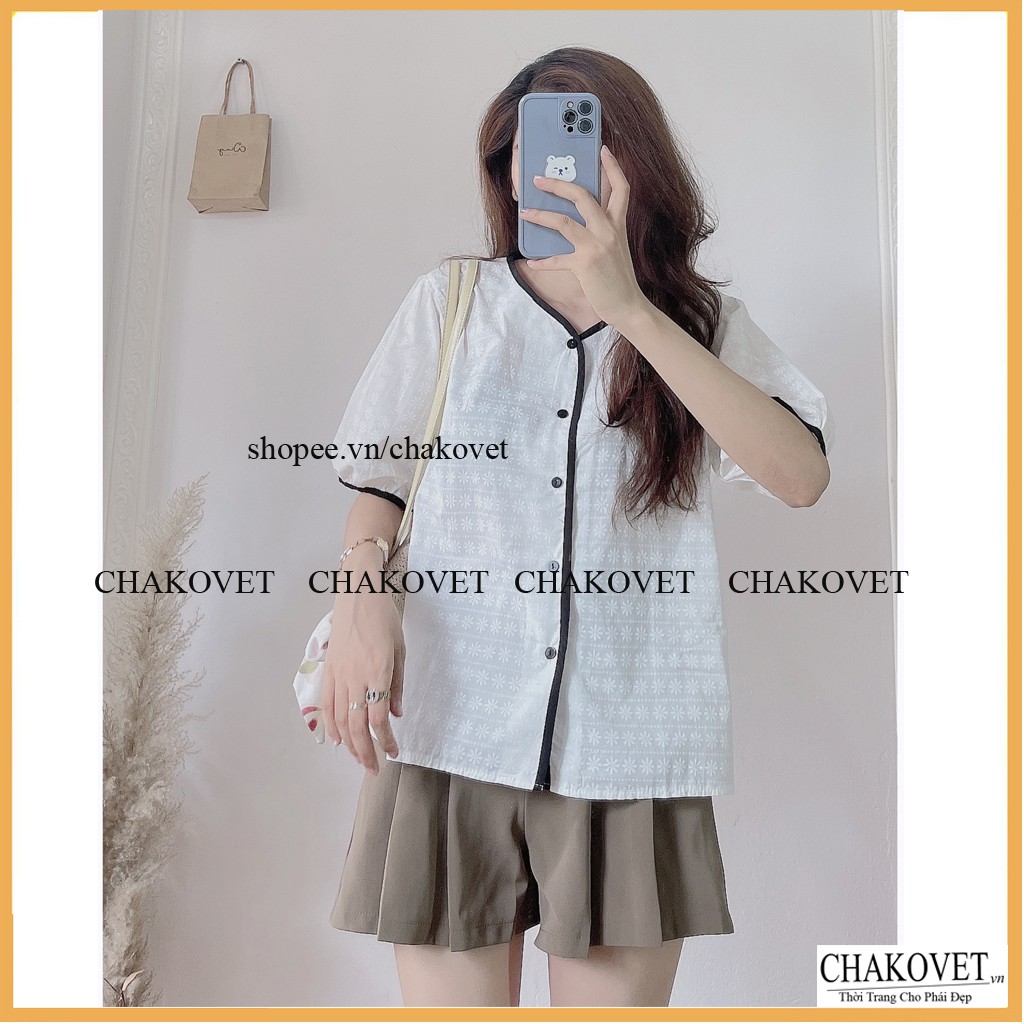 Áo sơ mi nữ tay ngắn trắng CKA860, áo kiểu nữ dễ thương style hàn quốc cổ V vân hoa mặc đẹp dáng xinh áo freesize <53kg