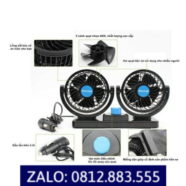 Quạt máy đôi 12v, 24v xoay 360 tiện ích trên ô tô, xe hơi cao cấp size nhỏ / to