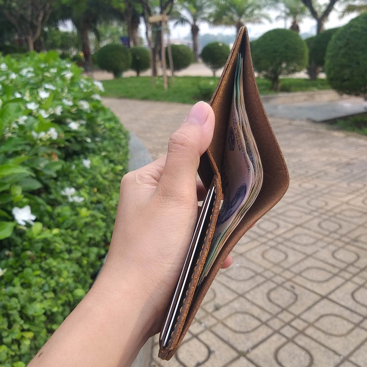 Bóp ví nam da bò sáp cao cấp may tay nhỏ gọn, càng xài càng bóng lót da- Cam kết da bò thật 100%
