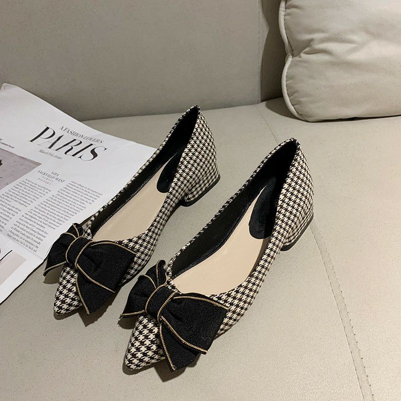 Giày nơ đế vuông thấp caro 3 phân
