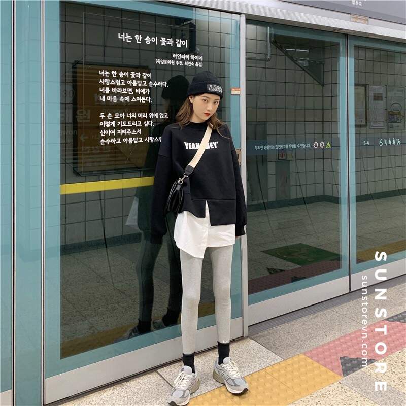 Áo sweater tay dài phối vạt trắng 2 màu đen và xám thời trang thu đông Ulzzang