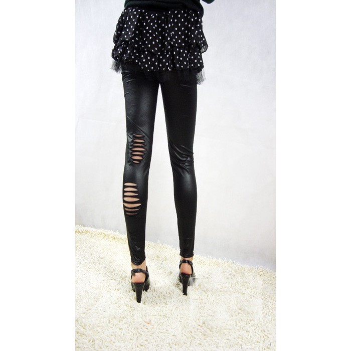 Quần Leggings Da Cắt Rách Cut Out