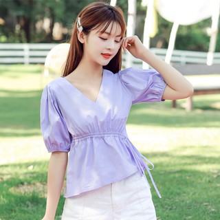 Áo Peplum Ngắn Tay Cổ Chữ V Phong Cách Hàn Quốc Cho Nữ