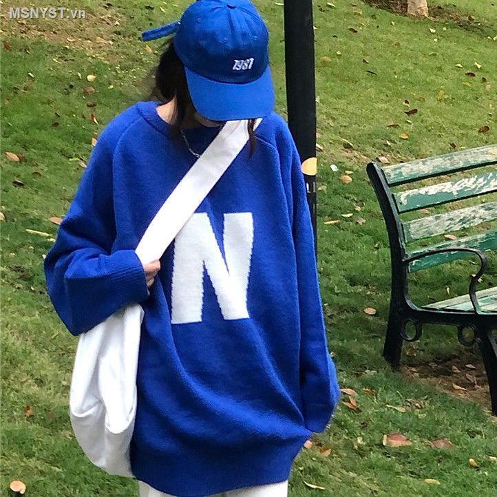 Áo sweater dáng rộng in chữ màu xanh dương thời trang thu đông phong cách Hàn Quốc mới cho nữ
