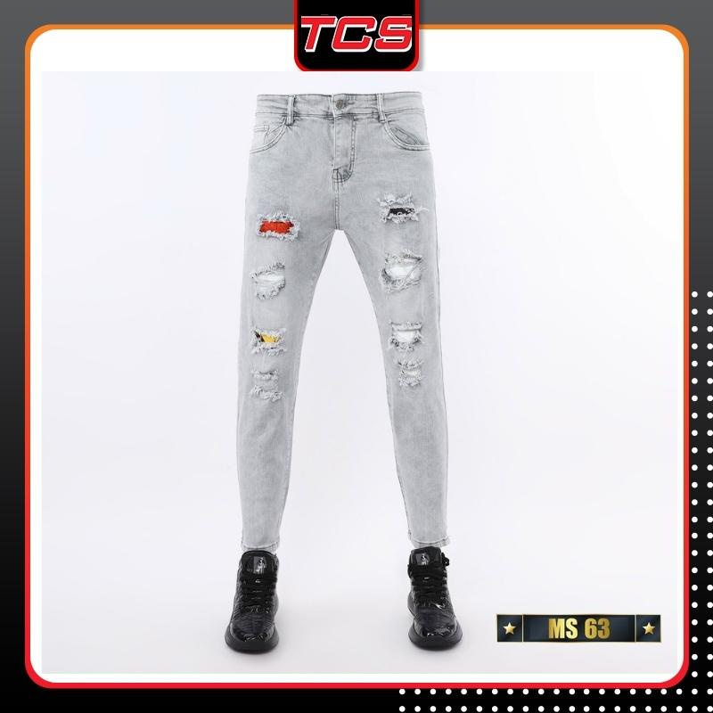 Quần jean nam rách màu xám rách ôm lưng cao đẹp phong cách TCS 63