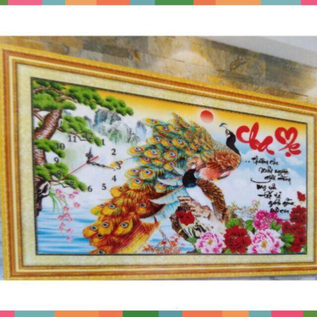 Tranh thêu chữ thập đồng hồ cha mẹ chim khổ tước tuyệt đẹp kt 81*52cm(kèm hình thật)