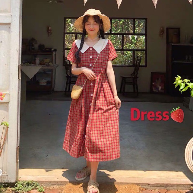 (Order-ảnh thật) bigsize S-4XL Đầm vintage kẻ caro cổ cách điệu phối khuy dọc siêu cute