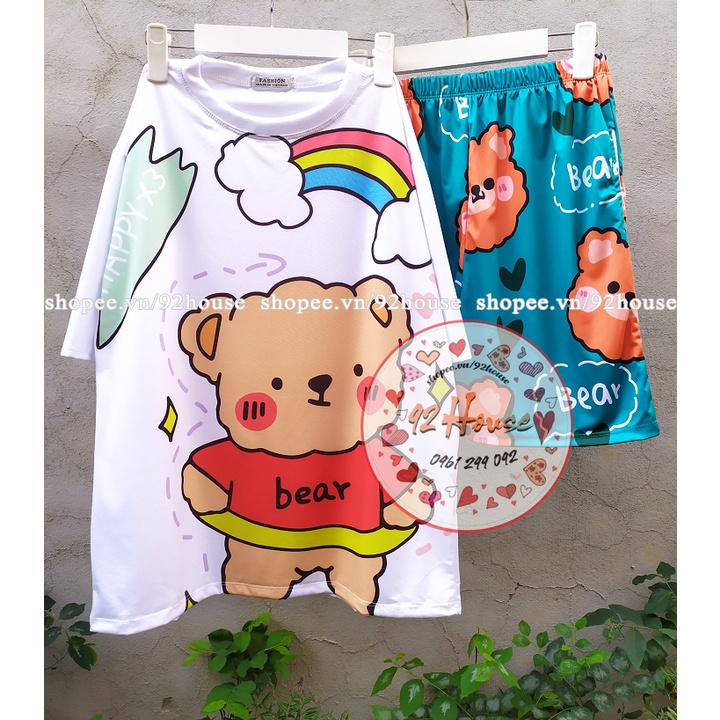 Set bộ unisex / Đồ bộ hoạt hình gấu cầu vồng freesize phông rộng